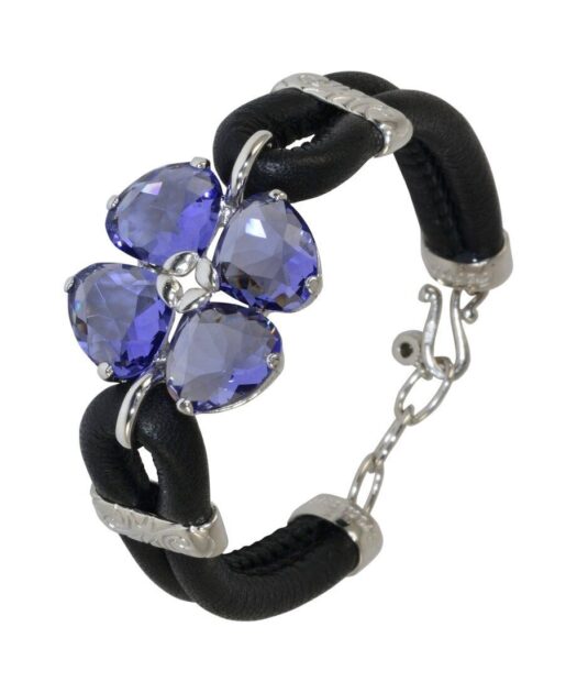 Pulsera color violeta de cuero negro y plata rodinada