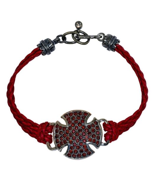 Pulsera con cruz roja de cuero rojo y plata de ley