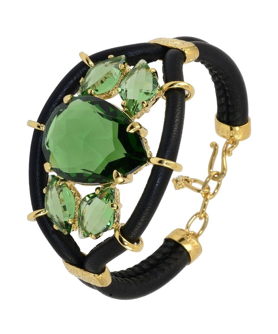 Pulsera cuero negro y plata con cristales Swarovski verdes
