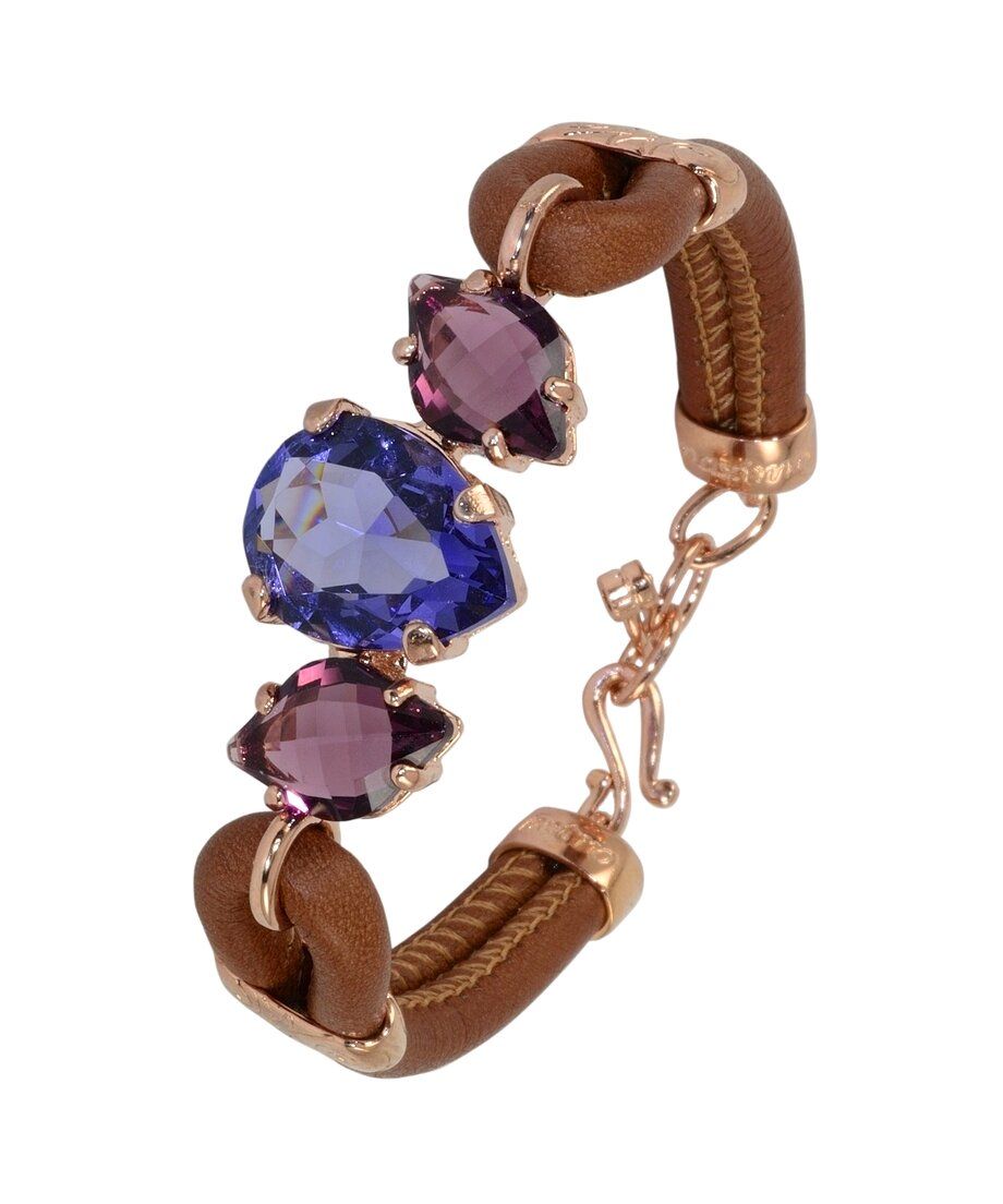 Pulsera de color morado y violeta de cuero marrón y plata rosa
