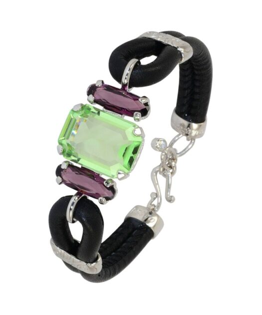 Pulsera de color verde y morado de cuero negro y plata de ley