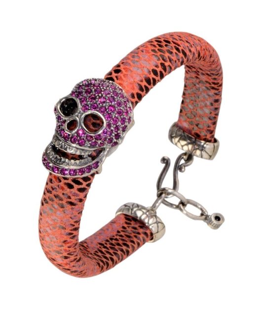 Pulsera de cuero con calavera de plata y Swarovski Elements