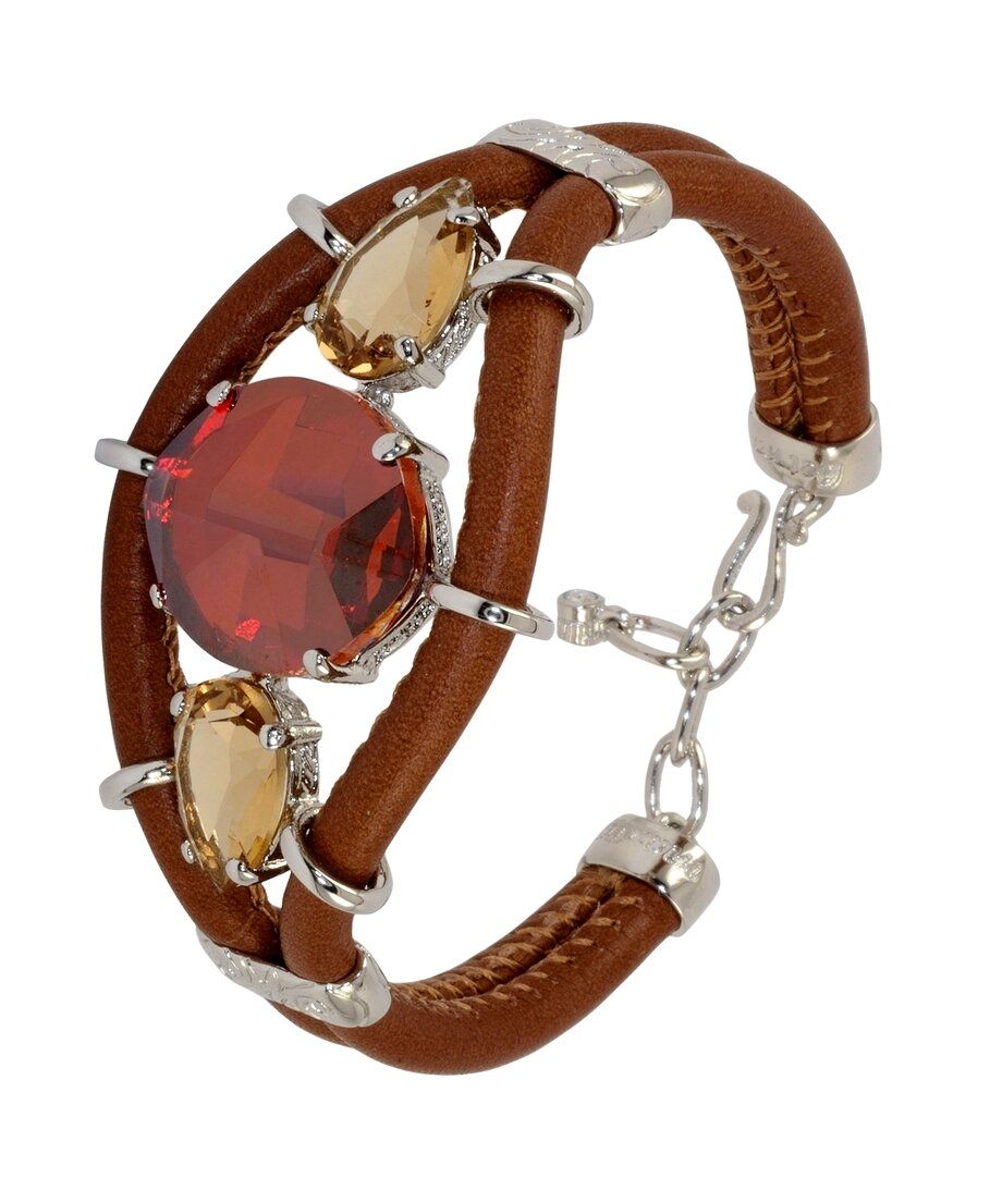 Pulsera de cuero marrón y plata de ley con cristales Swarovski