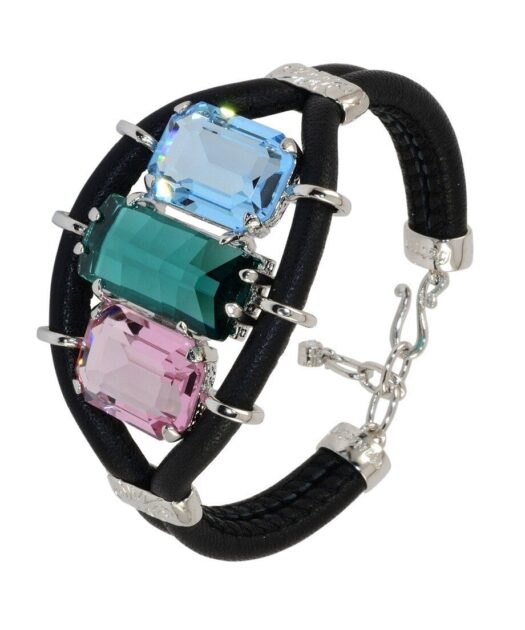 Pulsera de tres colores en plata rodinada y cuero negro