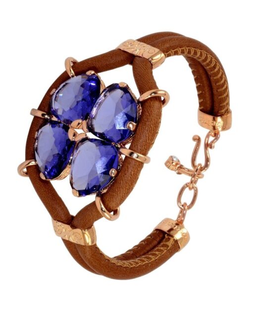 Pulsera flor violeta de cristales Swarovski en cuero y plata