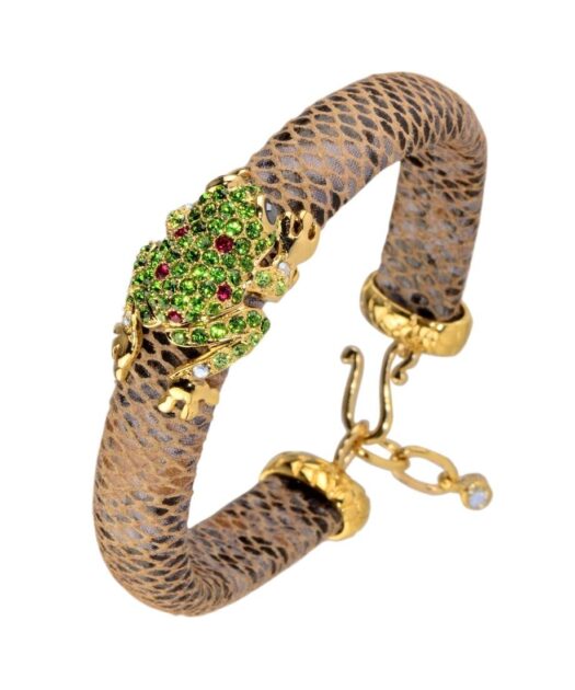 Pulsera Rana de plata y cristales de Swarovski en diversos tonos fabricada en piel de serpiente de la colección de Máximo Betro. Joyería Turón, tienda online.