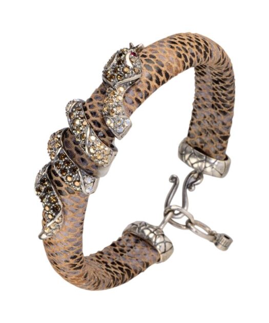 Pulsera Serpiente de plata y cristales de Swarovski en diversos tonos fabricada en piel de serpiente de la colección de Máximo Betro. Joyería Turón, tienda online.