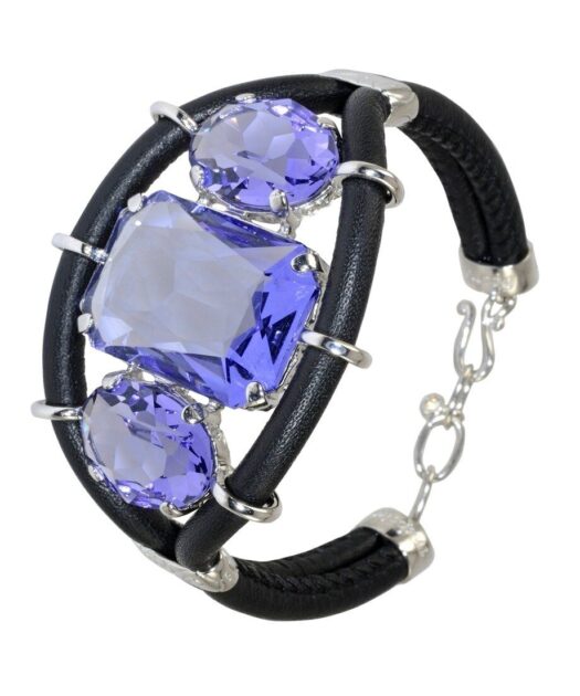 Pulsera cuero y Swarovski violeta de cuero negro con plata rodinada