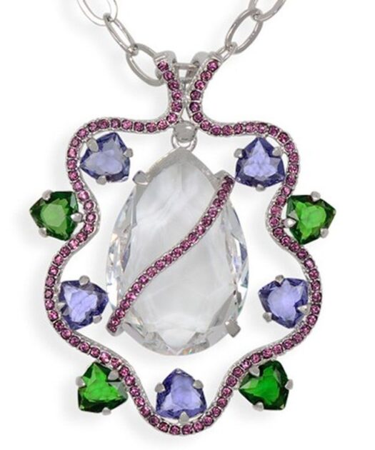 Colgante plata rodinada con Swarovski violetas, verdes y blancos