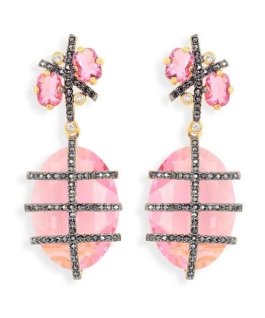 Pendientes largos negros y rosas de plata con cristales Swarovski