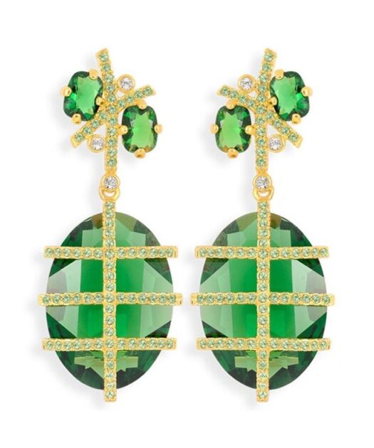 Pendientes largos verdes y dorados de plata bañada en oro con Swarovski