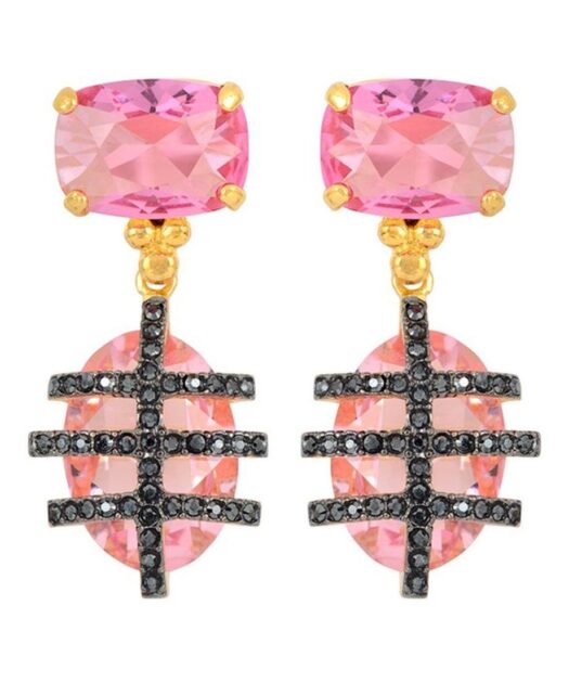 Pendientes oro rosa con cristales fucsias y negros de plata de primera ley