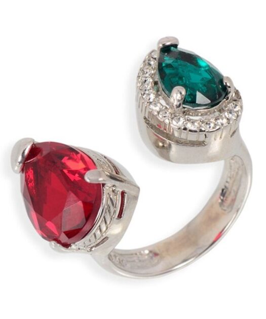 Anillo abierto verde y rojo de plata de primera ley