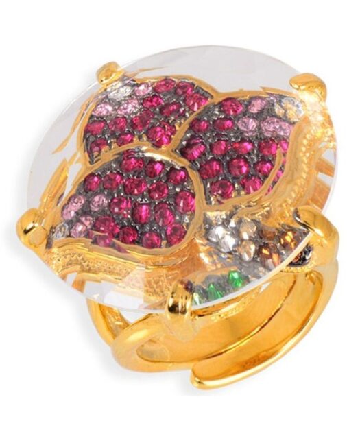 Anillo de hojas con transparencias de plata bañada en oro amarillo con cristales de colores