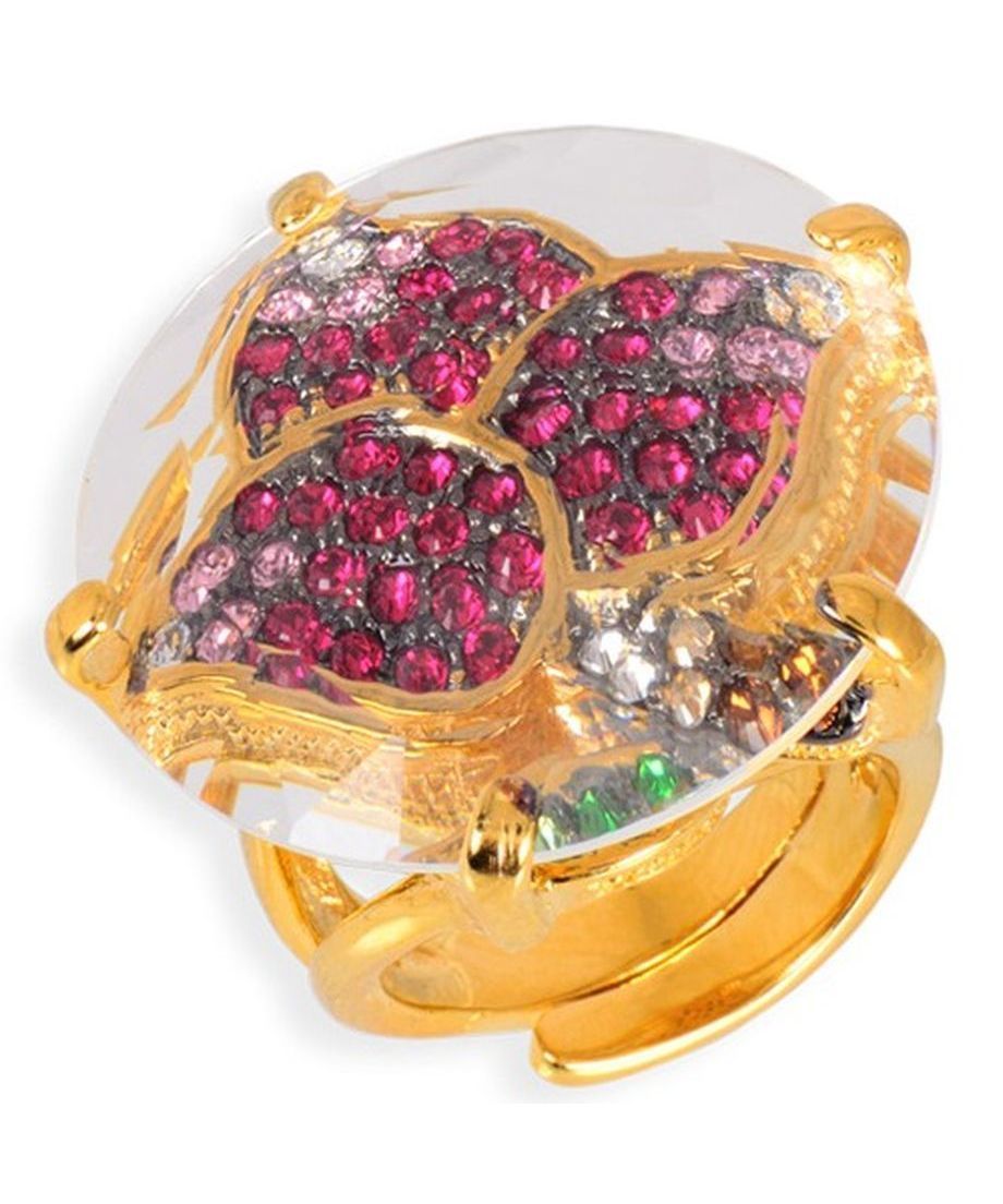Anillo de hojas con transparencias de plata bañada en oro amarillo con cristales de colores Anillo de hojas con transparencias de plata bañada en oro amarillo con cristales de colores
