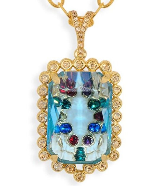 Colgante azul con transparencias de plata bañada en oro amarillo y cristales Swarovski de colores
