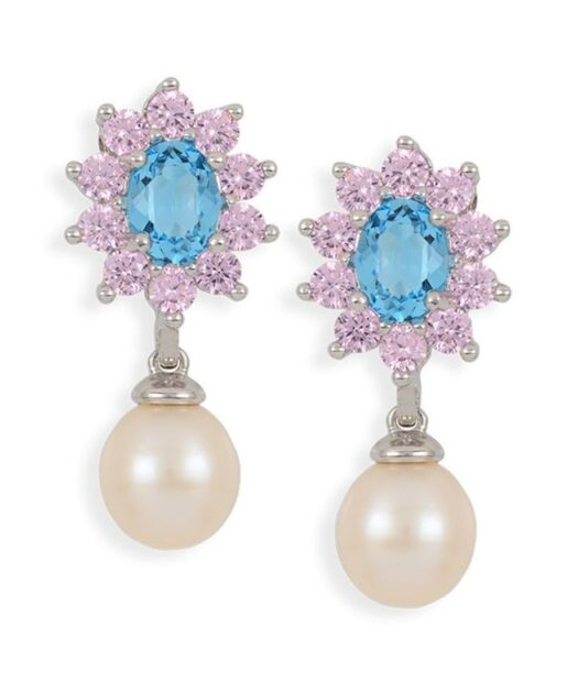 Pendientes de plata con perlas y una roseta de cristal Swarovski