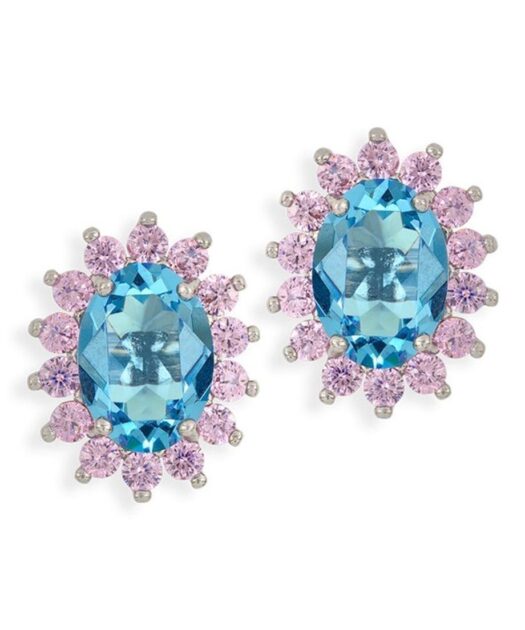 Pendientes de roseta azul y malva con cierre omega de plata de ley con Swarovski