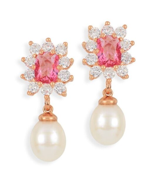 Pendientes rosas con roseta y perla de plata de ley con Swarovski Elements