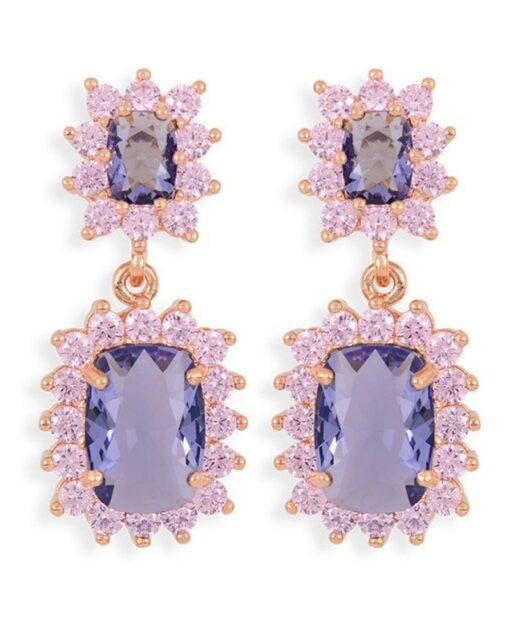 Pendientes rosas con rosetas violetas de plata bañada en oro 18 quilates
