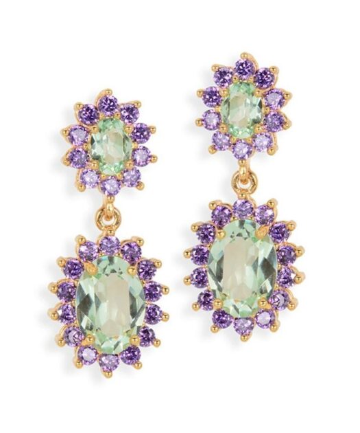 Pendientes rosetas verdes y malvas de plata bañada en oro amarillo