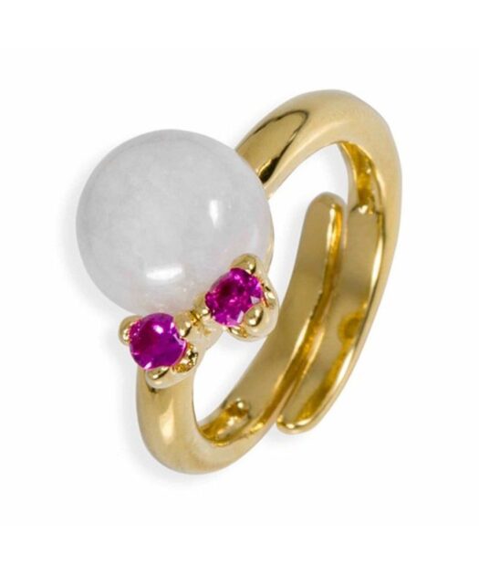Anillo bola blanca de jade fabricado en plata de ley con un baño de oro amarillo
