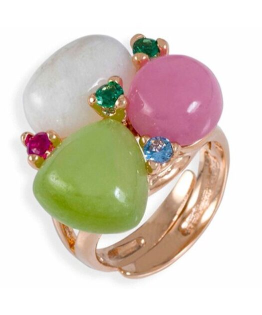 Anillo con piedras de jade de tres colores en plata de ley dorada