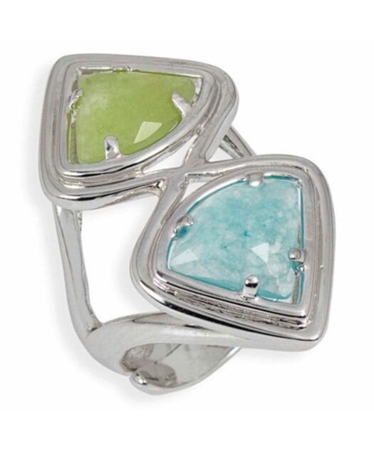 Anillo doble jade azul y verde de plata de ley con baño de rodio