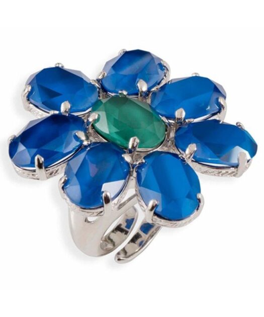 Anillo flor azul y verde de plata de ley rodinada con Swarovski