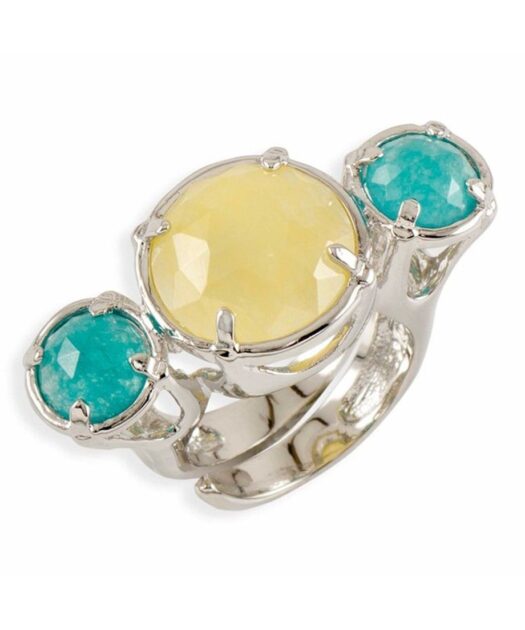 Anillo jade azul y amarillo abierto de plata con baño de rodio