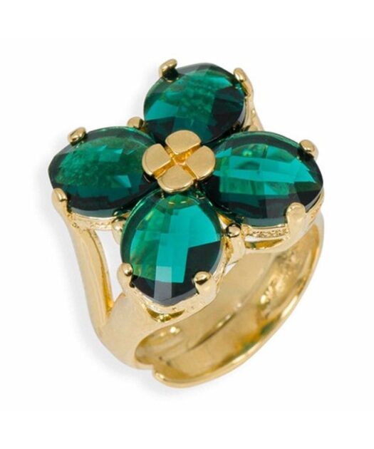 Anillo oro amarillo con cristales Swarovski verdes de plata de primera ley