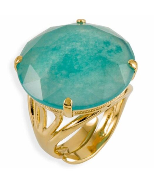Anillo redondo jade azul con una base de plata de ley bañada en oro