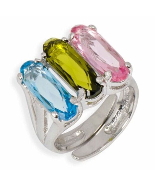Anillo verde, rosa y azul con Swarovski Elements en plata rodinada
