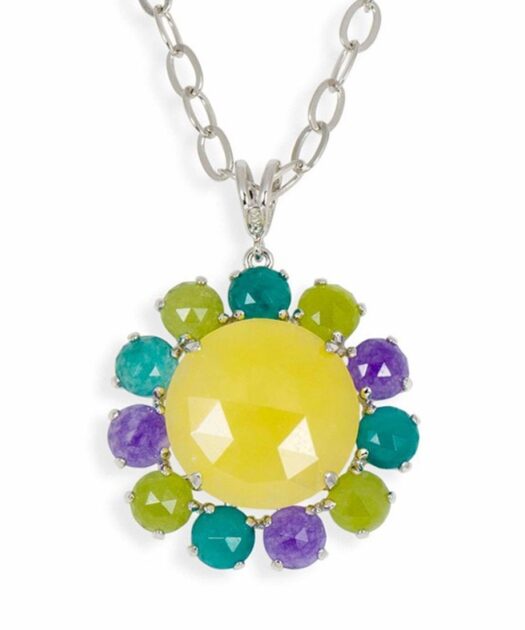 Colgante jade flor multicolor de plata rodinada con cadena a juego