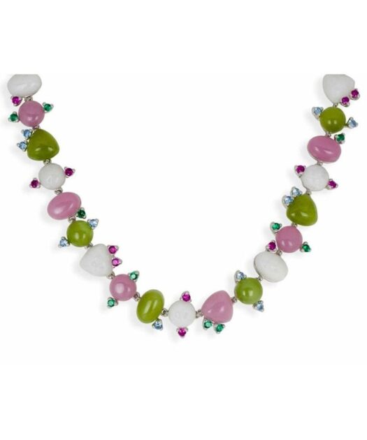 Collar de plata y jade de colores en tonos verdes, rosas y blancos