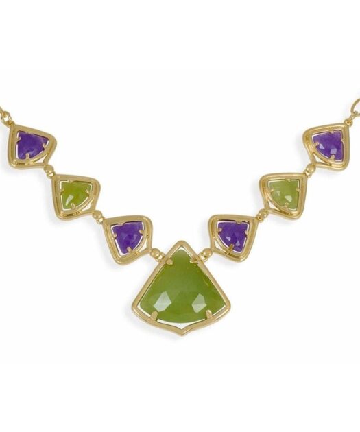 Collar oro amarillo con jade morado y verde de plata de primera ley