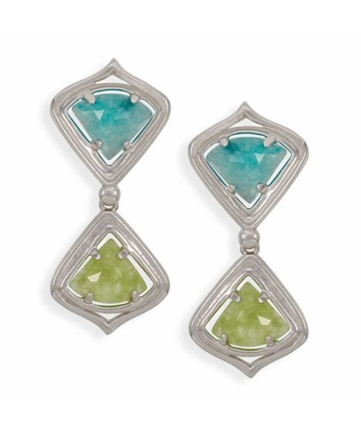 Pendientes articulados con jade verde y azul de plata de ley rodinada