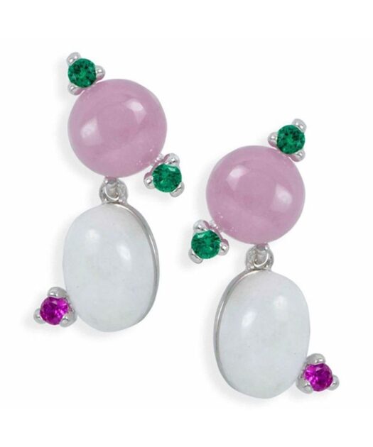 Pendientes blancos y rosas de jade natural fabricados en plata rodinada