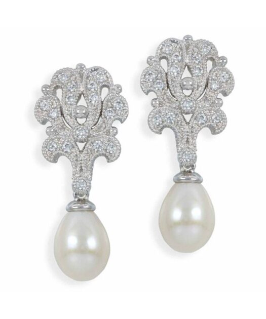 Pendientes boda vintage de plata rodinada con una perla blanca y Swarovski Elements