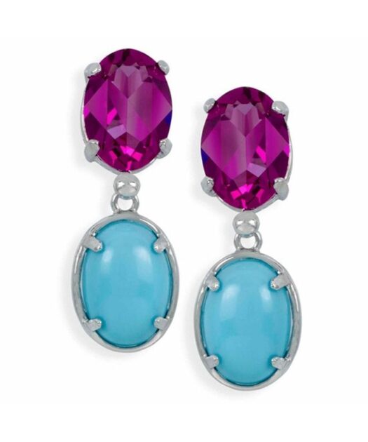 Pendientes con una turquesa y un cristal morado de plata de ley rodinada