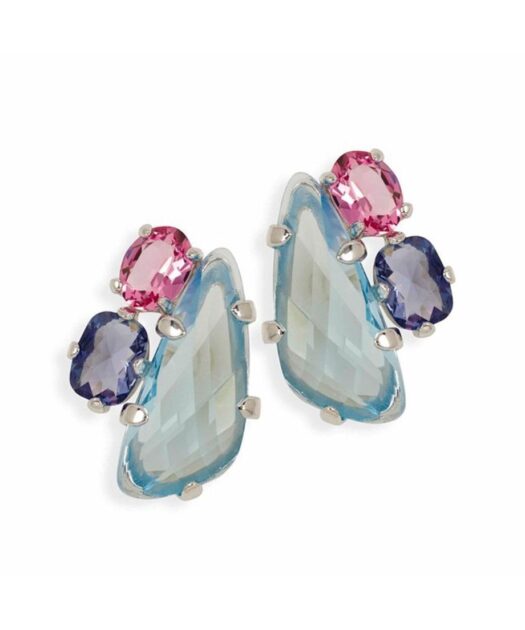 Pendientes cortos azules, violetas y rosas de plata rodinada