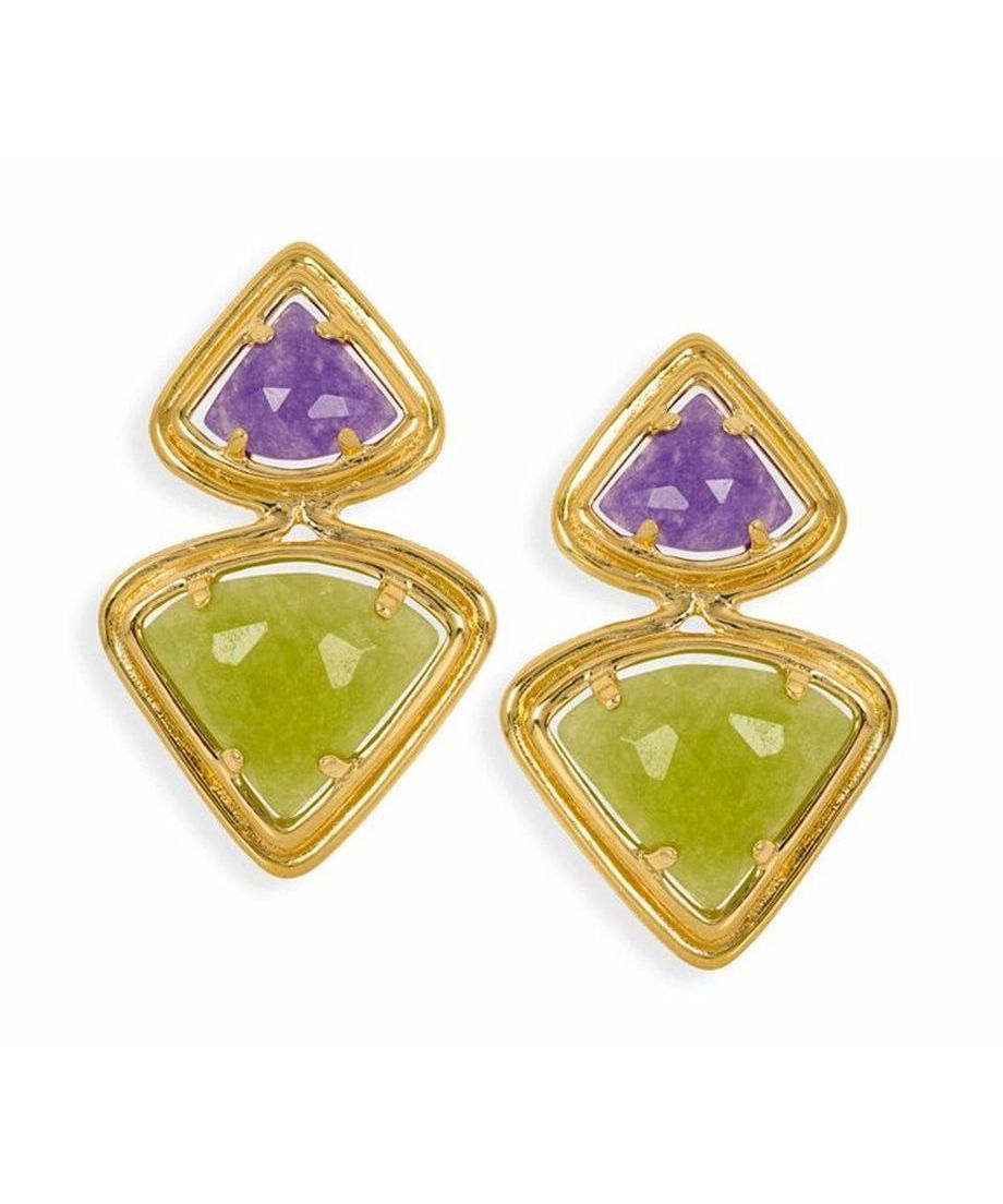 Pendientes cortos dorados con jade verde y morado de plata bañada en oro