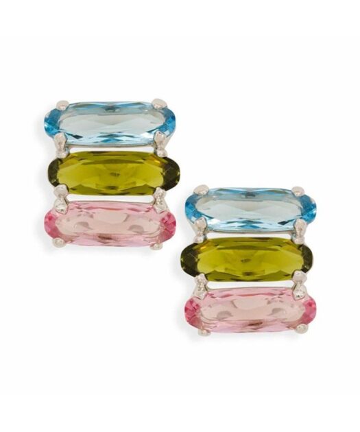 Pendientes cortos rosas, verdes y azules de plata de ley rodinada con Swarovski