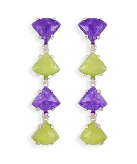 Pendientes cuatro piedras de jade verdes y moradas de plata rodinada