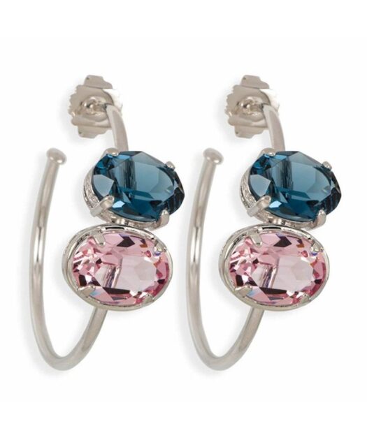 Pendientes de aro azules y rosas de plata de ley rodinada con Swarovski