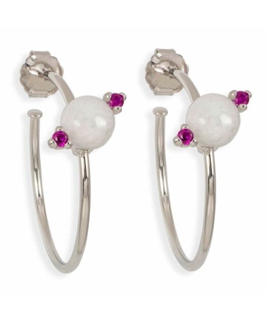 Pendientes de aro con bola blanca de jade fabricados en plata de ley rodinada
