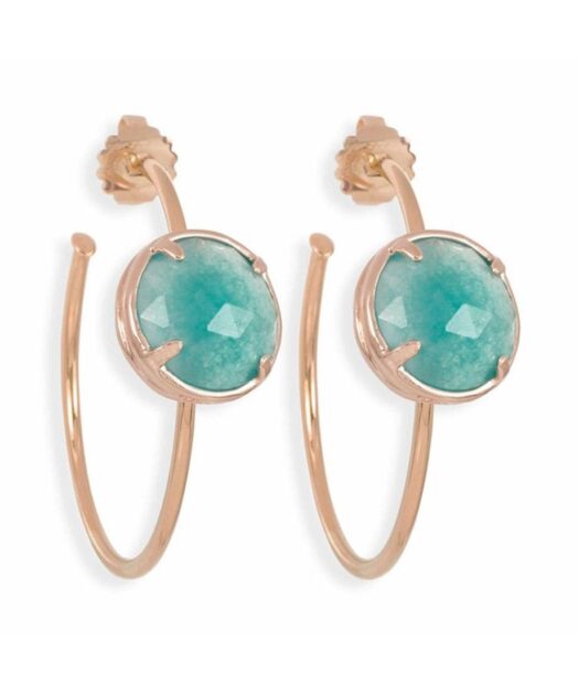 Pendientes de aro de jade azul de plata bañada en oro rosa