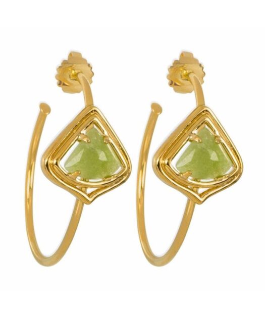 Pendientes de aro dorados con jade verde de plata de primera ley