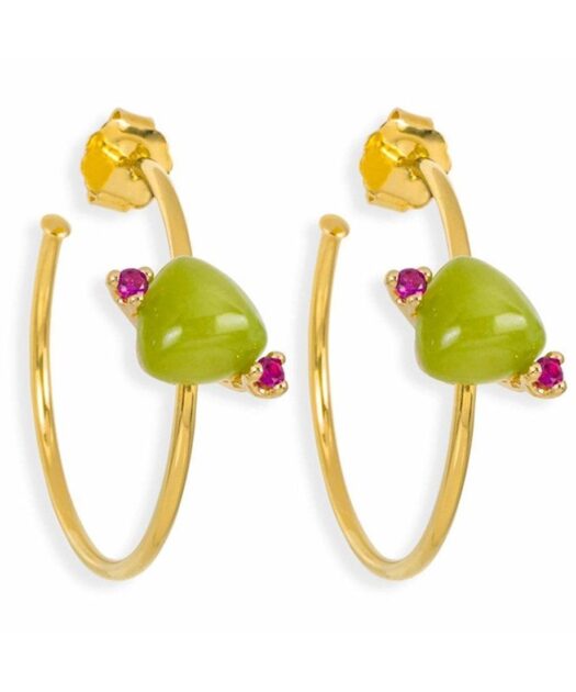Pendientes de aro dorados con piedras de jade de plata de primera ley