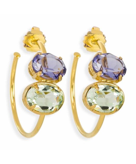 Pendientes de aro dorados con Swarovski Elements en tonos violetas y verdes